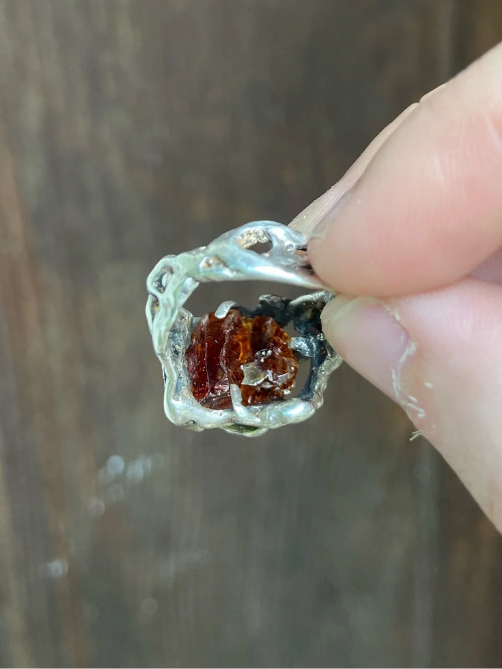 Sterling Silver Amber Brutalist Ring - Vintage